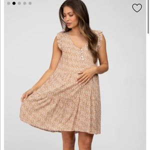 🤎 Camel Floral Print Tiered Maternity Dress